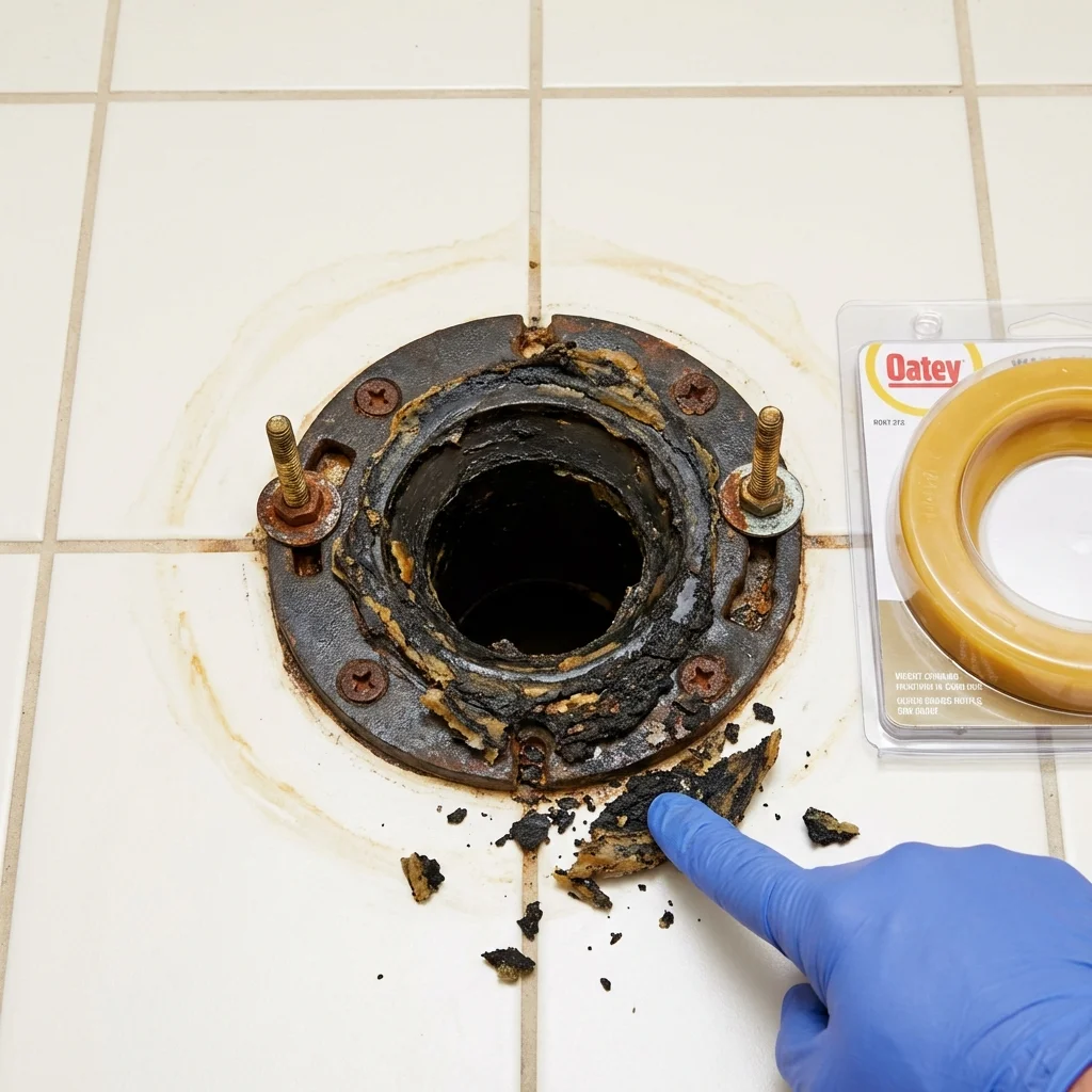 Failed wax ring showing water seepage at the base of a toilet in a Oxford, OH home