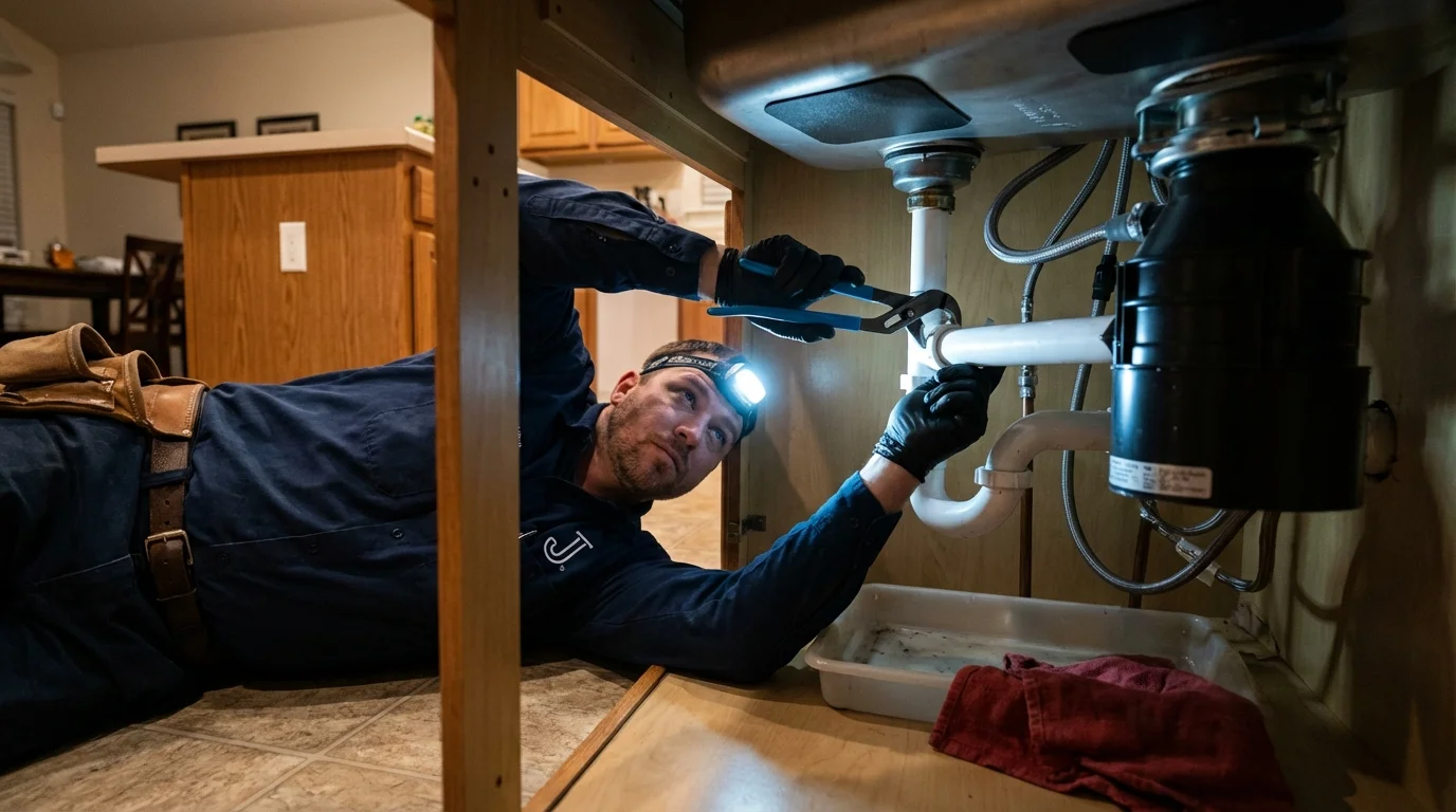 P-trap and supply line connections under a kitchen sink showing a common leak point in Oxford, OH